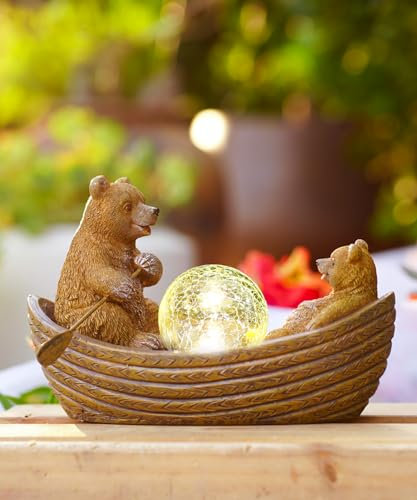 Goodeco Two brown bears rowing solar statue with solar ball in the middle of the boat, patio lawn garden Ornaments,Garden gifts for women/grandma