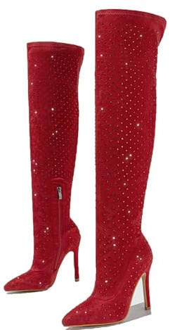 FUIPOT Stivali Lunghi sopra Il Ginocchio, Stivali Alti Dritti da Donna con Tacco Alto a Punta, Cerniera Laterale, Stivali Elastici in Maglia Sottile, Stivali Alti sopra Il Ginocchio,Rosso,42 EU