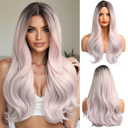OUFEI Ombre Blond gemischt Hellrosa Perücke für Frauen Langes natürliches lockiges Synthetikhaar Hitzebeständige Perücken für Tägliche Party Cosplay Wear