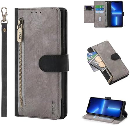 HAONANDE Coque Portefeuille pour Xiaomi PocoPhone F1, Housse à Rabat en Cuir Case avec Magnétique, 6 Fentes pour Cartes, Support, Protection RFID, Étui Antichoc Béquille Gris