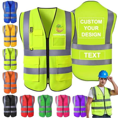 Morlavid Warnweste Personalisiert mit Logo Text Sicherheitsweste mit Reißverschluss Taschen fur Bauarbeiter,Fluyellow