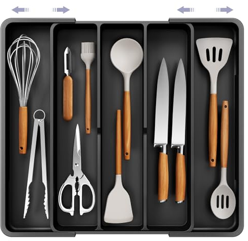 Kitsure Expandable Cutlery Drawer Organiser – Large Cutlery Tray with 5 Compartments, Ideal for Kitchen Storage & Organisation, Home & Kitchen Essentials, Black, 34.6 x 3.6 x 28.0~50.5 cm