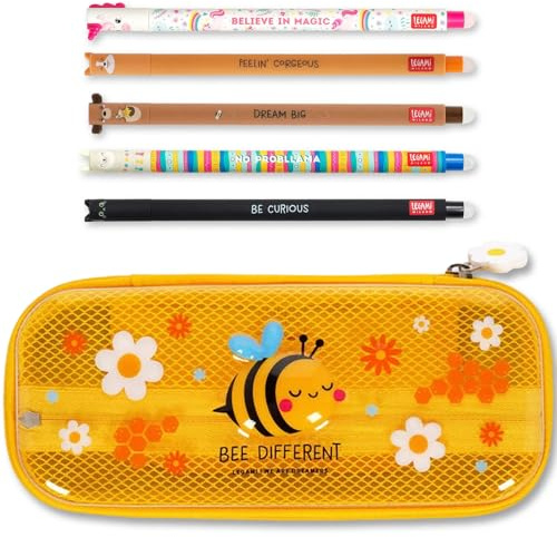 LEGAMI WonderWow Federmäppchen & radierbarer Stift | Set mit 5 niedlichen Tierstiften mit thermosensitiver Tinte + Federmäppchen mit 2 Fächern (Biene)