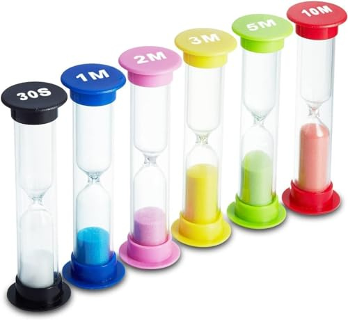 Sand Timer - 6 Colors Hourglass Sandglass Sand Clock - 30sec / 1min, 2mins, 3mins, 5mins / 10mins (Pack of 6) - For Classroom, Game, Home, Office, Toothbrush Timer for Children, Kids