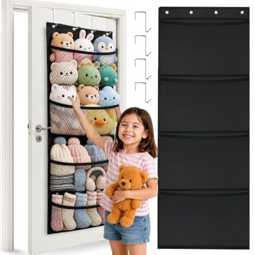 Raheem Kuscheltier Aufbewahrung, Tür Organizer mit 4 großen Taschen, Hängeaufbewahrung Kinderzimmer, Stofftier Aufbewahrung Wandorganizer für Kinderzimmer, Badezimmer, Schlafzimmer，Schwarz