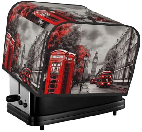 Red London Street Toaster Cover 4 Slice, Two Slice Bread Machine Covers Quilted Toaster Dust Cover Universal Size Kitchen Small Appliance Cover With Top Handle