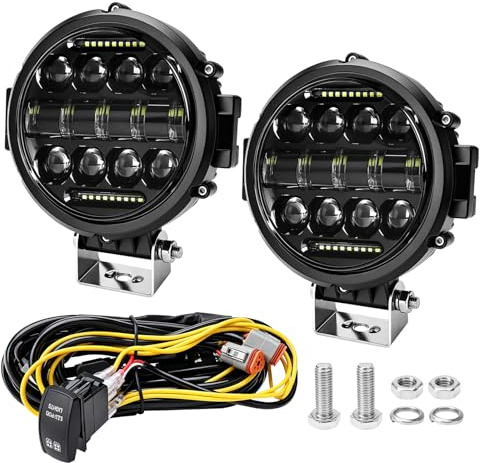 Chelhead Phares longue portée LED ronds 7 pouces avec feux de jour blancs, faisceau concentré 51W 5600lm, kit de câblage, projecteur auxiliaire étanche compatible avec quads, SSV 4x4 pick-ups, 1 paire