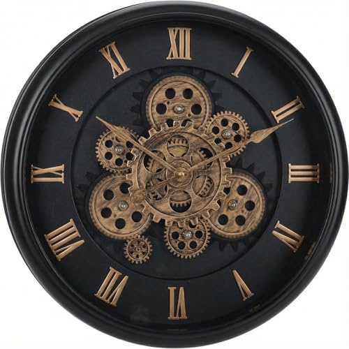 MIJOMA Wanduhr 40 cm mit beweglichen Zahnrädern – Schwarz Gold – Vintage Steampunk Design – leise Wanduhr ohne Ticken – Batteriebetrieben – römische Ziffern – Wohnzimmer Büro Loft