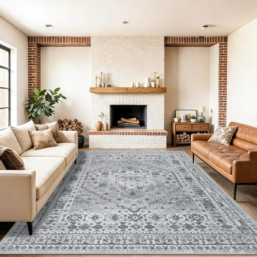 Capslapd Vintage Teppiche Wohnzimmer Teppich 240x340cm Grau Waschbar | Großer, rutschfester klassischer Teppich, traditioneller Druck, reinigbar, niedriger Flor, Matte für Schlafzimmer, Lounge