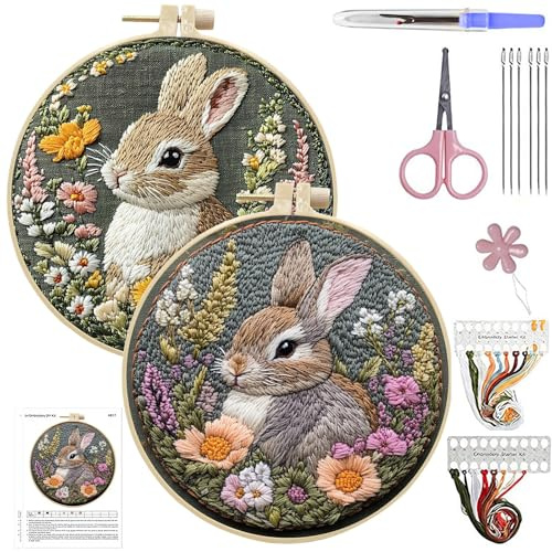 CXINLky Sticken Set Erwachsene, DIY Osterhasen Stickset für Anfänger Kreuzstich Set Embroidery Kit - Enthält Kattun, Faden, Nadel, Stickrahmen-2 Stuck-F