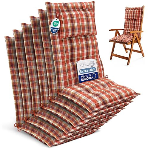 Beautissu 6er Set Gartenstuhlauflagen Hochlehner Sitzauflagen UV-Lichtecht | 120x50cm Orange Rot Grün Kariert 7cm Polster Sitzpolster Gartenstuhl Gartenmöbel Auflagen Stuhlauflage Terrasse HighLux HL