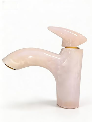 Solid Natural Jade Basin Mixer Faucet, One-Piece Carved Jade Body, Single Handle Single Hole with Rose Gold Hardware and Ceramic Cartridge (Pink，Round)