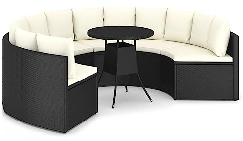 Owoxanthellate Lot de 7 meubles de jardin en polyrotin - Noir - 70 x 73 cm - 6 canapés - Coussins crème - Salon en forme d'éventail - Pour terrasse, balcon, jardin