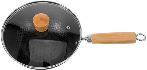 HOMOBABE Sartén Wok China Antiadherente de Hierro Negro 20 Cm con Mango Ergonómico y Tapa de Vidrio, Apto para Cocina de Leña y Uso Diario