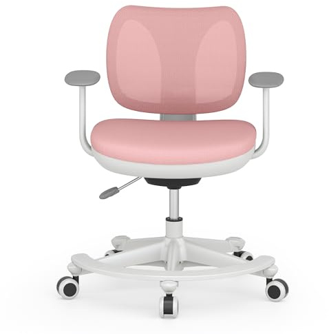 FLEXISPOT Kinderstuhl, Ergonomischer Kinder-Schreibtischstuhl mit Fußablage & Sicherheitsrollen, Höhenverstellbar, Atmungsaktive Rückenlehne, Abnehmbares Kissen, Für Kinder von 3–15 Jahren, Rosa