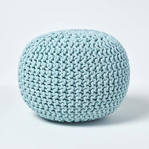 Homescapes Pouf Strickpouf rundes Bodenkissen, Sitzpouf 35 x 40 cm, gepolsterter Sitzhocker, Sitzpuff/Puff mit grob gestricktem Bezug aus 100% Baumwolle, Strickpuff, blau/hellblau