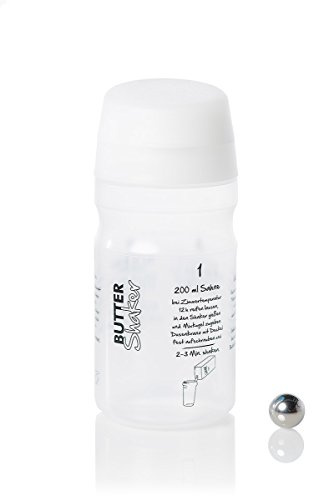 BUTTER MACHEN im patentierten Butter-Shaker. 200 ml Sahne ergeben 75g Butter + 125 ml Buttermilch. Extrem viele Gourmetsorten möglich. Von süß bis würzig. 325ml-Modell in WEISS