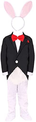 Kids White Rabbit Costume - X-Large - Rabbit Costume with Attached Black Frock Coat and Rabbit Ears - Boys Girls Wonderland Rabbit World Book Day Fancy Dress Costume