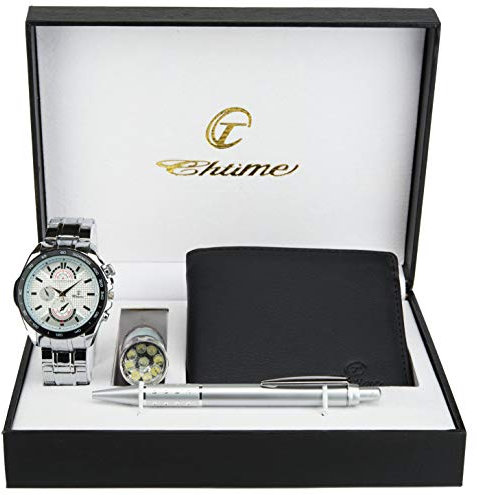 Ernest - Set regalo composto da orologio da uomo, torcia a LED, portafoglio, penna, colore: Bianco