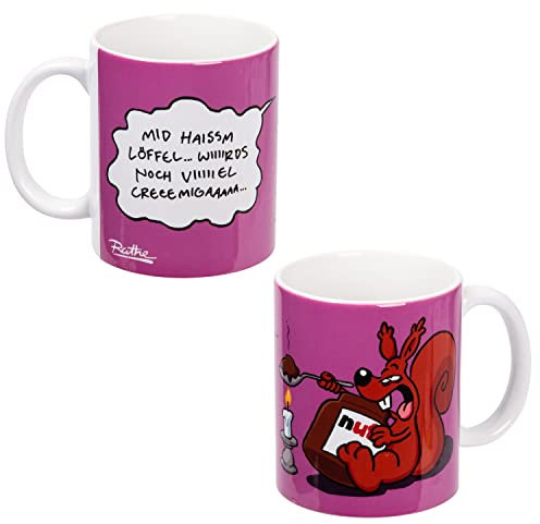 Ralph Ruthe Tasse - Mid haissm Löffel... wiiiirds noch viiiiiel Creeemigaaaaa... Kaffeetasse Becher Kaffeebecher aus Keramik Lila 320 ml