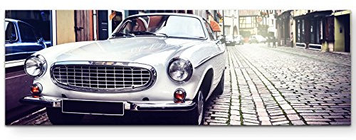 Paul Sinus Art Leinwandbilder | Bilder Leinwand 120x40cm Weißer Oldtimer in Altstadt