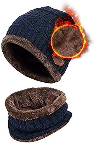Aisprts Winter Beanie Hat Scarf Set Fleece Lining Warm Knitted Hat and Neck Warmer Unisex Winter Outdoor Ski Hat and Snood, Gifts for Men Women, Navy Blue, One Size