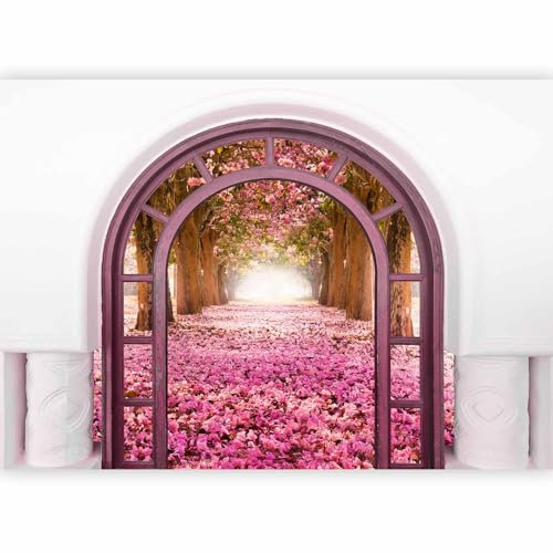 murando - Papier Peint Panoramique Adhésif Nature 392x280 cm - Murale Autocollante - Gris blanc beige rose - Route arbres porte illusion fleurs espace romantique rose soleil b-A-0252-a-b