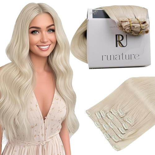 RUNATURE Clip in Extensions Echthaar Weiß Blond Remy Haarverlangerung Echthaar Clip in Glatt Haar Extensions Clip in Echthaar Gunstig 80g 25cm 10 Zoll #800