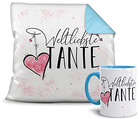 Geschenkset für die Weltbeste Tante - Tasse und Kissen - Himmelblau/Verwandte/Geschenk-Idee/Liebling/Familie