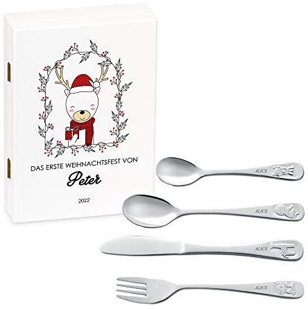 Maverton Kinderbesteck Set mit Gravur + Holzbox mit Aufdruck - mit Tieren - aus Edelstahl - Weiß - Geschenk für Jungen zum Geburtstag zur Taufe Geburt - erste Weihnachten