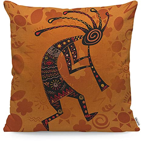 Wondertify Kokopelli-Kissenbezug, ethnische afrikanische Gottheit der Fruchtbarkeit, dekorativer Wurfkissenbezug für Couch, Bett, Sofa, Orange, 45 x 45 cm