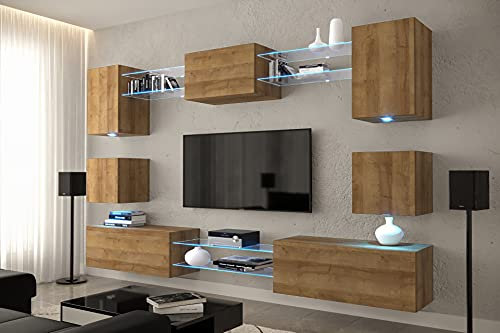 Furnitech Hängend Wohnwand Modern | Wohnzimmer Schrankwand Mit Regale und TV Schrank | Möbel Ohne LED (Nowara AN1-17DZ-M4-1A-NEW)