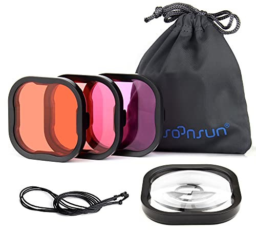 SOONSUN Confezione da 4 filtri subacquei per GoPro Hero 10 9 8 nero custodia impermeabile ufficiale, 5x filtri macro close-up,correzione del colore per fotografia subacquea e registrazione video