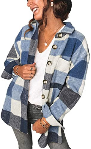 OMZIN Womens Plaid Long Sleeve Jacket Cardigan Oversized Loose Cardigans mit Tasche Blau L