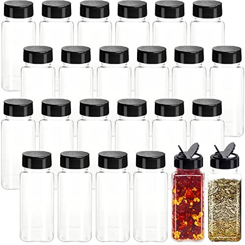 Lot de 24 pots à épices carrés en plastique de 100 ml avec couvercles à visser noirs pour verser ou secouer, conteneurs vides pour épices, poudres, poivrons