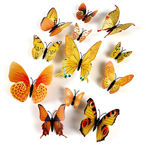 HDKAJL 3D Schmetterlinge Deko, 72 Stück Gelb Schmetterling Wanddeko Aufkleber Wandaufkleber Schmetterlinge Dekoration Schmetterling Wandtattoo für Kinderzimmer Schlafzimmer Wohnzimmer Fasching Deko