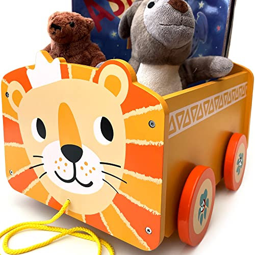 Bee Smart Wooden Toy Box - Lion Animal | 2 in 1 Pull Along Cart & Storage Box on Wheels for Kids Nursery or Bedroom | Baby Trunks for Children's Toy, Game or Book Organiser | Gifts for Boys & Girls