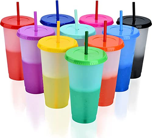 PALUDO 10 Piezas Vasos de Plástico Reutilizables con Pajita y Tapa, 710ml Copas de Plastico que Cambian de Colors, Taza de Viaje Vasos Plastico Colores para Niños y Adultos Fiestas