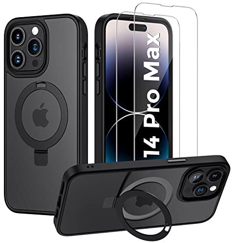XINKAE Handyhülle iPhone 14 Pro Max Hülle mit MagSafe Ring Halter Ständer, Schutzhülle iPhone 14 Pro Max Schutzglas, [Magnetische] Militärqualität Handy [Stoßfest] Cover Apple 14ProMax. Matt Schwarz