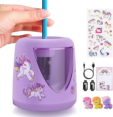 TCJJ Elektrischer Bleistiftspitzer für Kinder, Einhorn-Bleistiftspitzer für Zuhause und Klassenzimmer, Niedlicher elektrischer Bleistiftspitzer zum Einstecken, mit Einhorn-Schulbedarf für Mädchen
