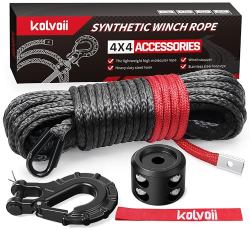 Kolvoii Synthetic Winch Rope Kit 1/4 x 50ft 9,650lb Grey Rope/Black Hook
