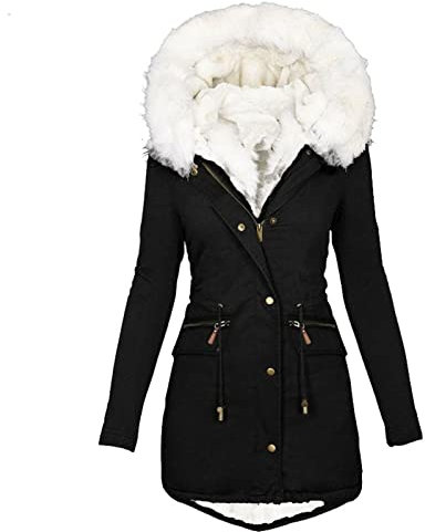 EMATOP Wintermantel Damen Warmer Lang Jacke Baumwolle Einfarbig Wanderjacke mit Kapuze Wintermantel Langarm Elegant Steppmantel Herbst Winter Outdoor Baumwolljacke Kuschelig Winterparka Mantel