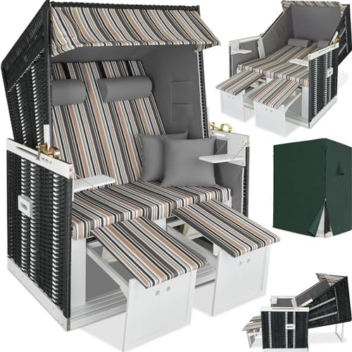 tectake® Strandkorb, Strandkorb Ostsee 2-Sitzer, verstellbare Rückenlehne, Volllieger mit Fußbänkchen und Seitentische, inkl. Schutzhülle & Kissen, für Balkon, Garten und Terrasse - schwarz/grau/braun