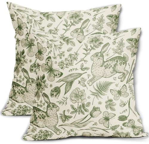 Cozywisper Frühlingsgrüne Kissenbezüge, 45,7 x 45,7 cm, Set mit 2 Kaninchen, Häschen, Blumen, Blättern, Schmetterlingen, botanischen Pflanzen, dekorativer Überwurfkissen, Ostern, saisonale