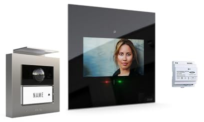 m-e Video-Türsprechanlage RFID silber/schwarz | Aluminium Außenstation für 1-Familienhaus | 7“ Design-Innenstation flach | Türklingel mit Kamera | Freisprechanlage Video Einfamilienhaus 4-Draht