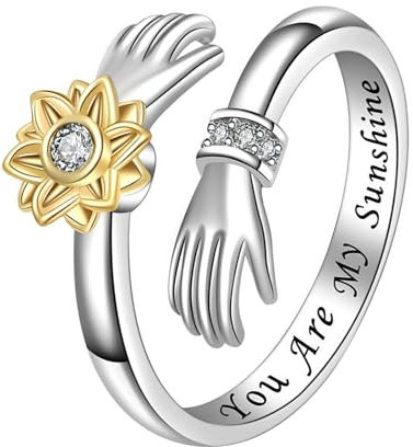 JewelryWe Anxiety Ring Damen Umarmungsring: Gold Sonnenblume Edelstahl Umarmung Hände Fidget Angst Ring Anti Stress Spinner Offener Ring Silber mit Gravur You are My Sunshine