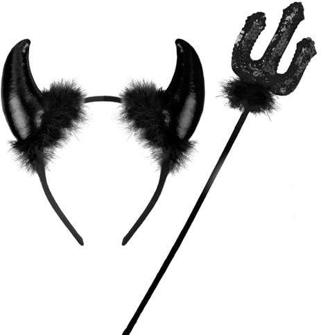 ROSAUI Halloween Teufelshörner und Dreizack, Karneval Teufel Kostüm Damen, Hörner Haarreif Schwarz, 36cm Zepter, Hörner Kopfschmuck Teufel Accessoire Fasching Party