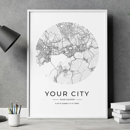 SHINERING Personalizado Negro Moderno Cualquier Mapa De Ciudad Arte De Pared Lienzo Impresiones De Carteles Pinturas Imagen Para La Decoración Del Hogar De La Sala De Estar A11 50X70Cm Sin Marco