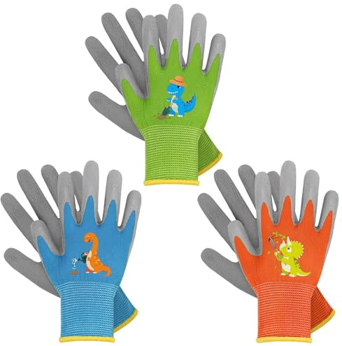 WAWSAM 3 Paar Gartenhandschuhe für Kinder Arbeitshandschuhe mit Latexbeschichtung Kinderhandschuhe für Junge Mädchen