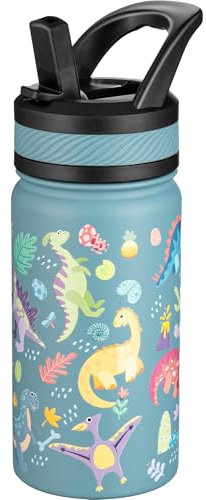 Fanhaw 420 ml Gourde Isotherme avec Paille - Bouteille Enfant en Acier Inoxydable Double Paroi, Anti-Fuite, Sans BPA, Pour Garçons et Filles (Cyan - Monde des Dinosaures)
